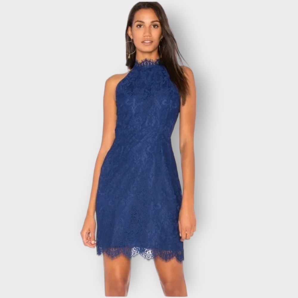 BB Dakota Deep Blue Chantilly Lace Mock-Neck Dress NWT